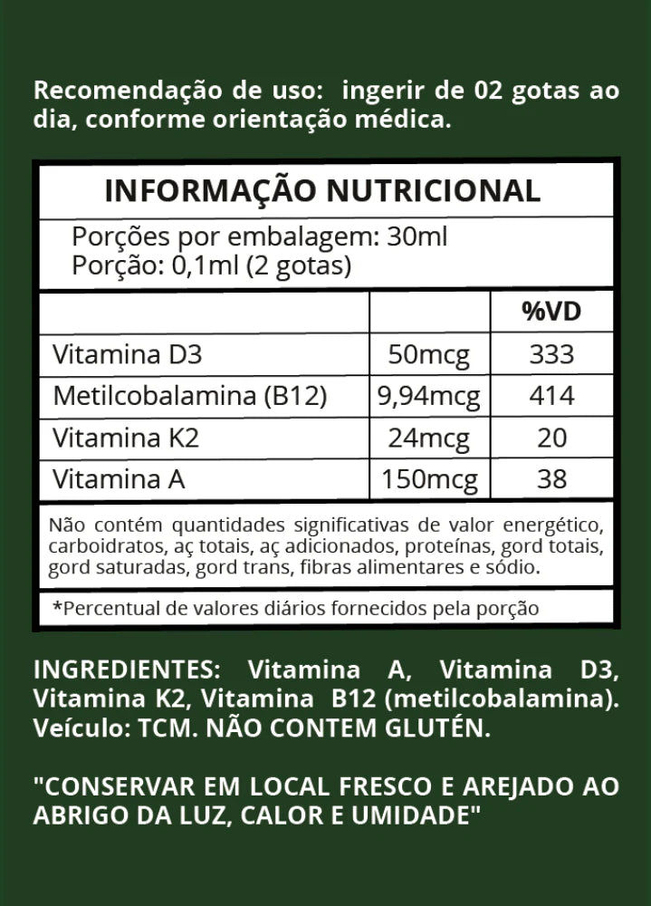 Vitaminas em Gotas (D3, K2, B12 e A) - Poucas Unidades